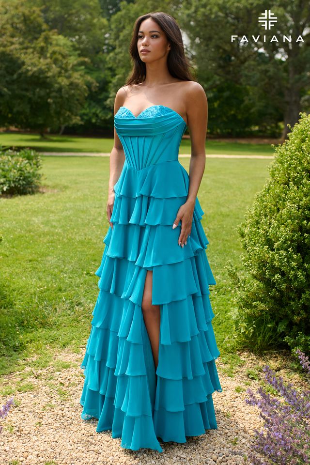 Seaglass Peekaboo Corset Satin And Chiffon Dress With Tiered Ruffled Skirt