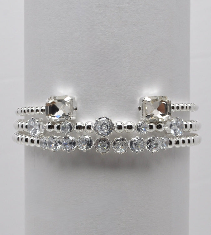 Cubic Zirconium Crystal Silver Rectangle Stackable 3-Piece Bracelet