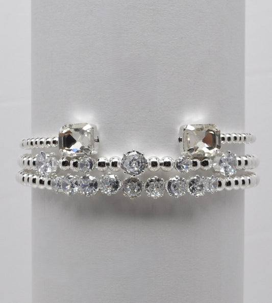 Cubic Zirconium Crystal Silver Rectangle Stackable 3-Piece Bracelet