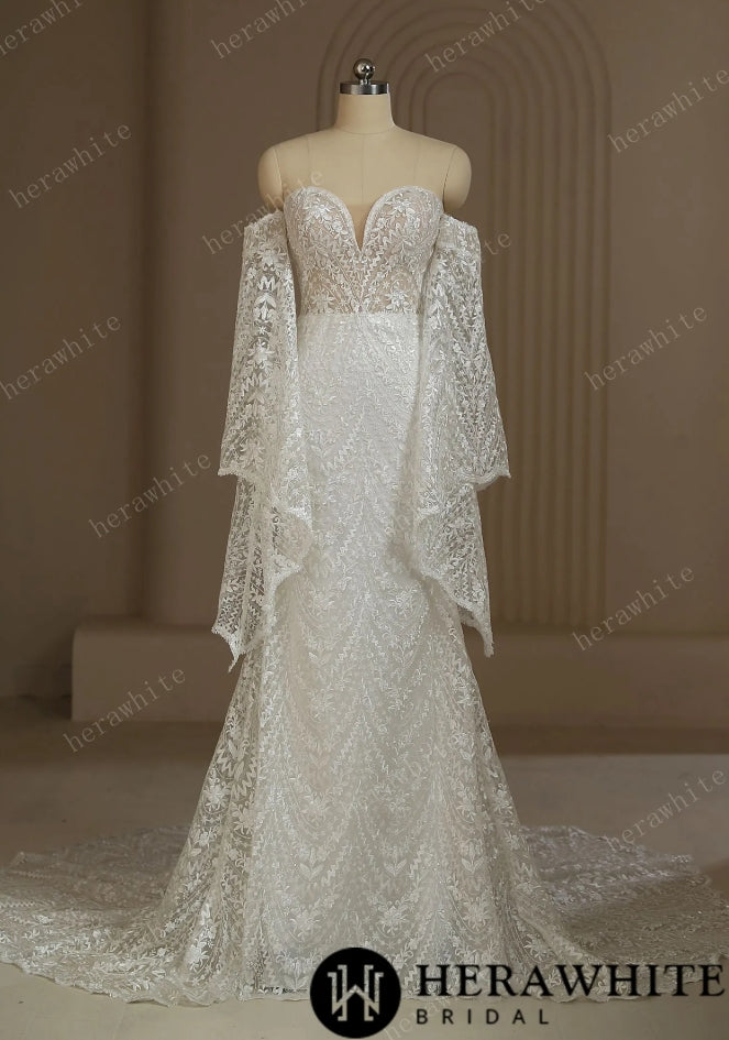 Boho Lace Wedding Dress With Detachable Sleeves