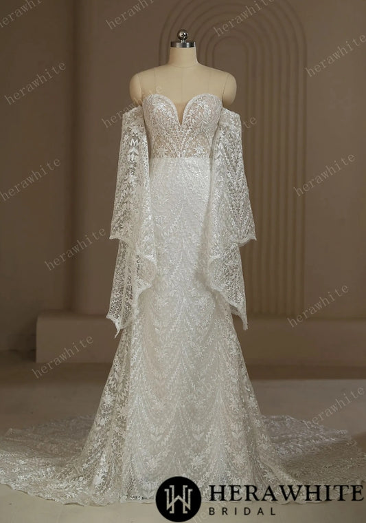 Boho Lace Wedding Dress With Detachable Sleeves