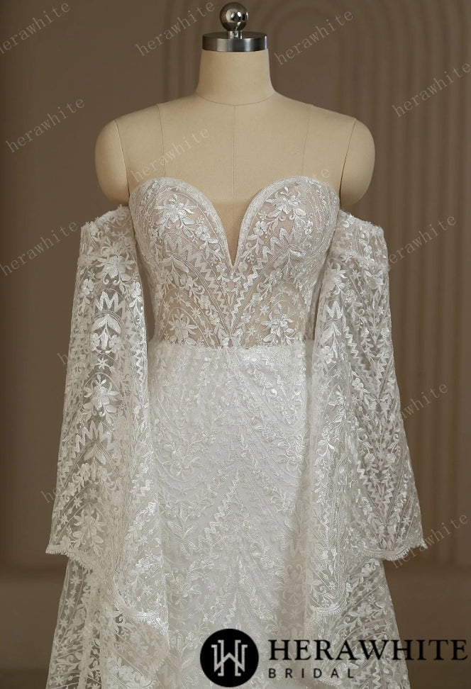 Boho Lace Wedding Dress With Detachable Sleeves