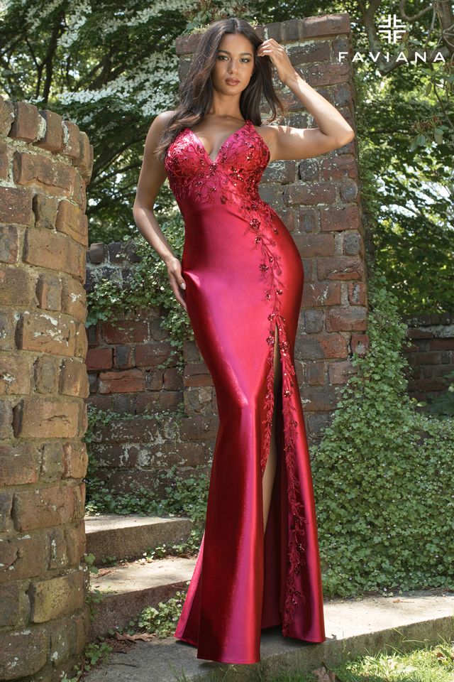 NEW! Faviana Halter Satin Gown With Asymmetrical Beaded Appliqué