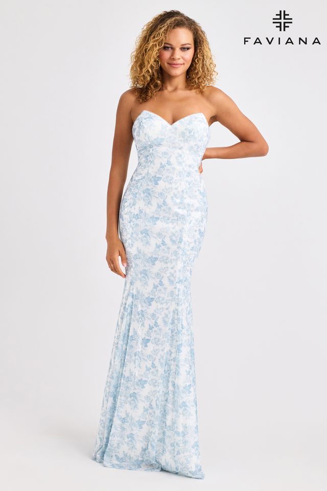 Pointed Bustier Strapless Sequin Dress With Blue And White Floral Print
