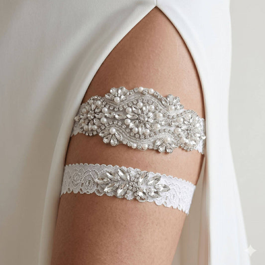 Bridal Lace Garter Belt with Rhinestones and Pearls for Elegant Weddings