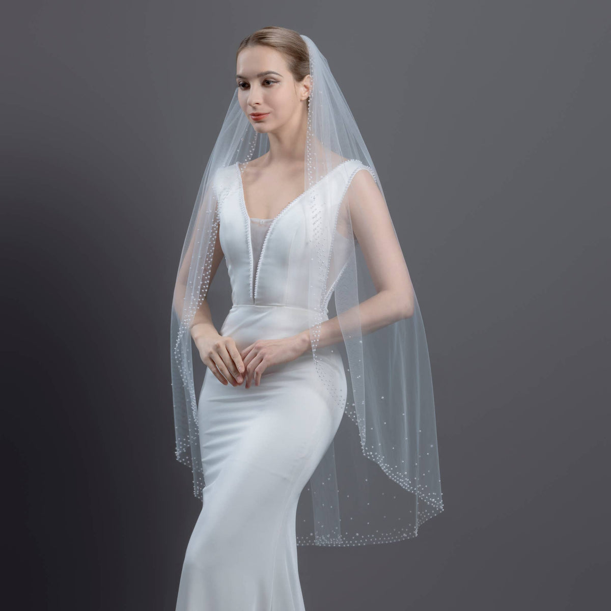 FS6253 Wide Faux Pearls Edge Bridal Veil 36" 45" 108" 120"