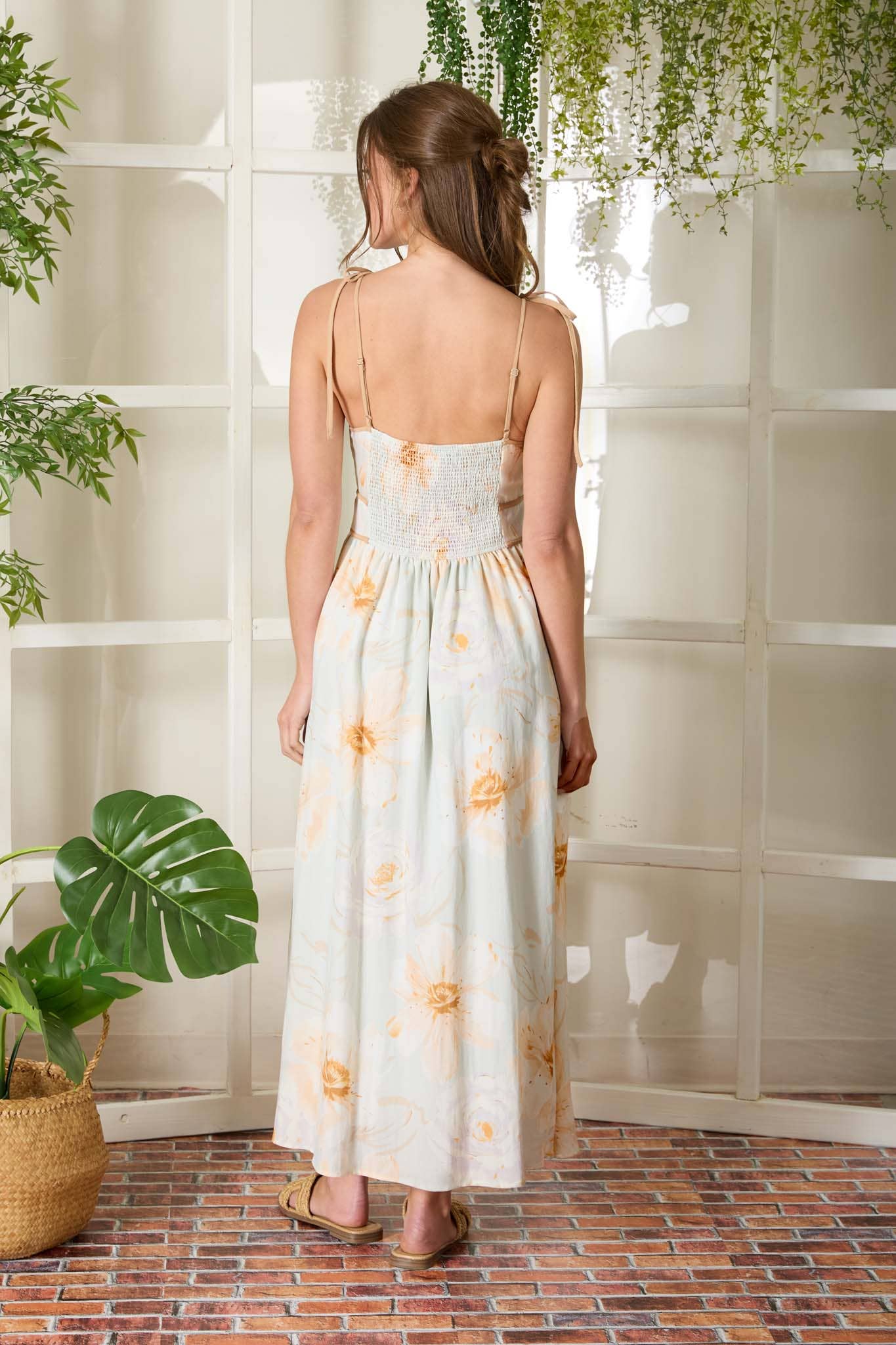 Waterfall Floral Strapless Spaghetti Tie Strap Midi Dress