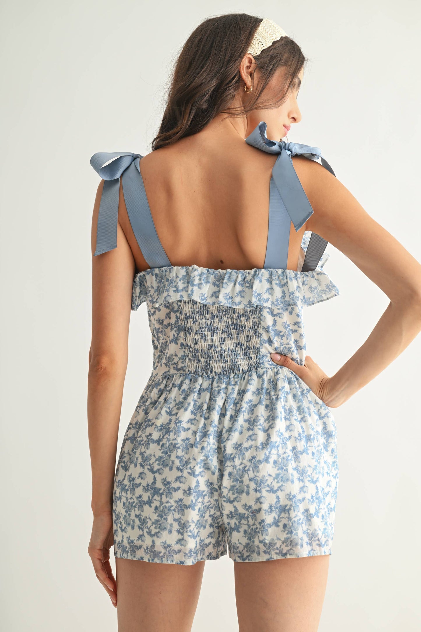 CB10682 FLORAL SUMMER ROMPER WITH BOW STRAPS