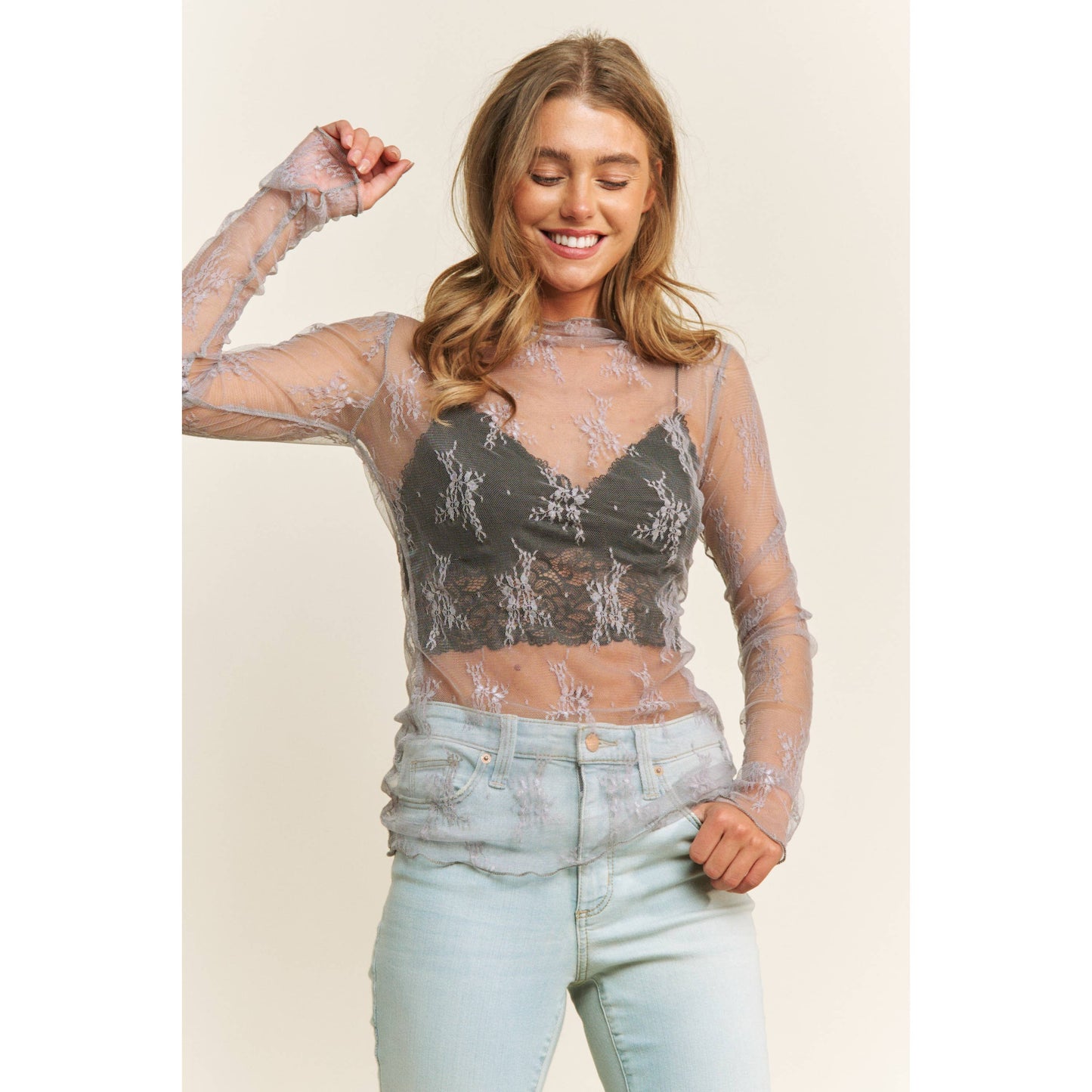 MESH LACE HIGH NECK DESIGN LONG SLEEVE FITTED TOP