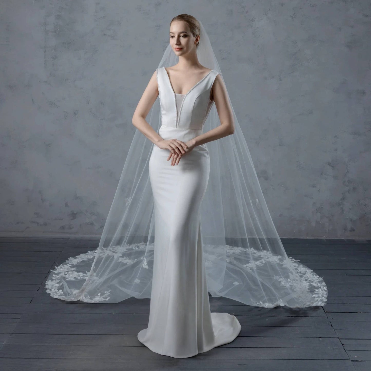 FS6227 3D Organza Flowers Embroidered Lace Bridal Veil 120"