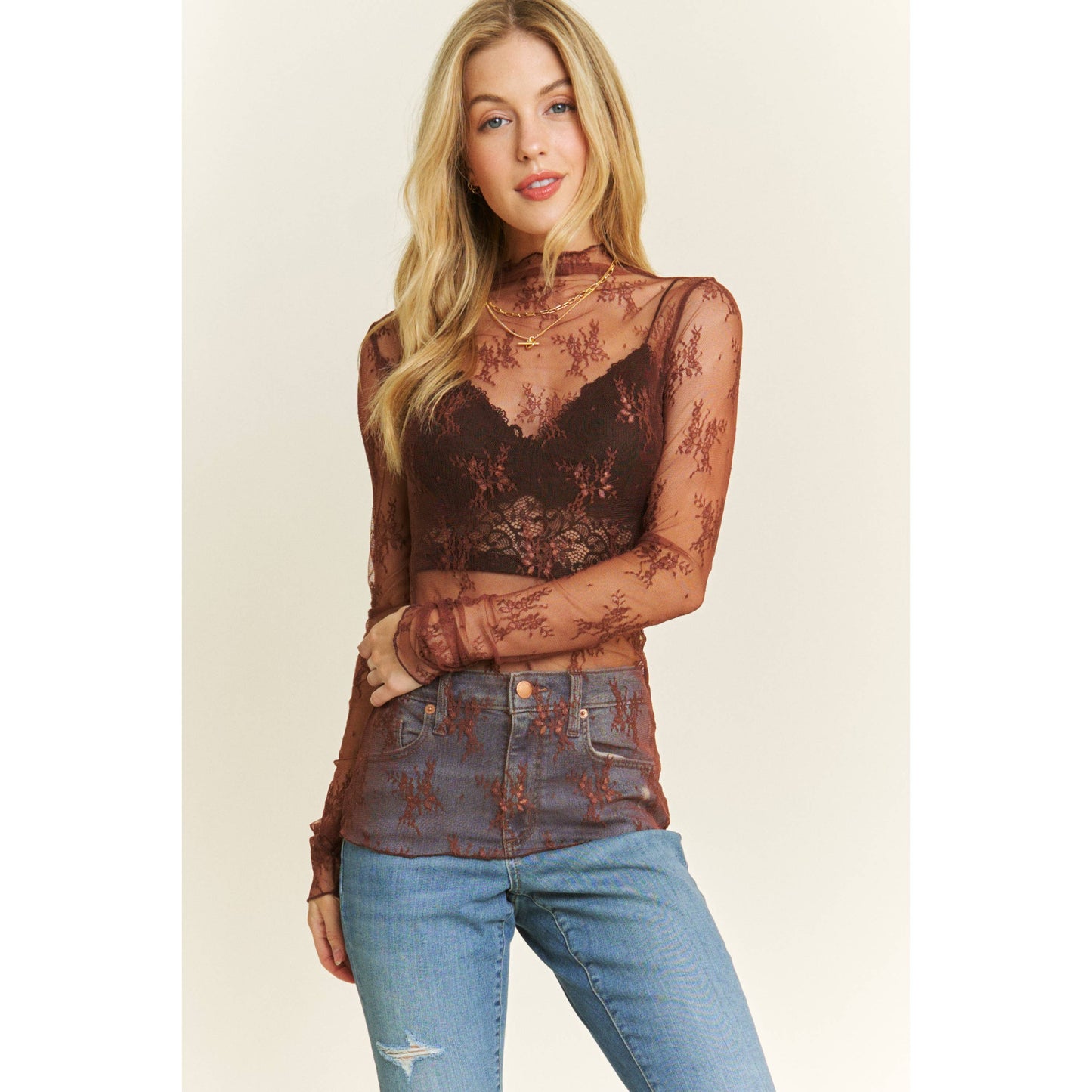 MESH LACE HIGH NECK DESIGN LONG SLEEVE FITTED TOP