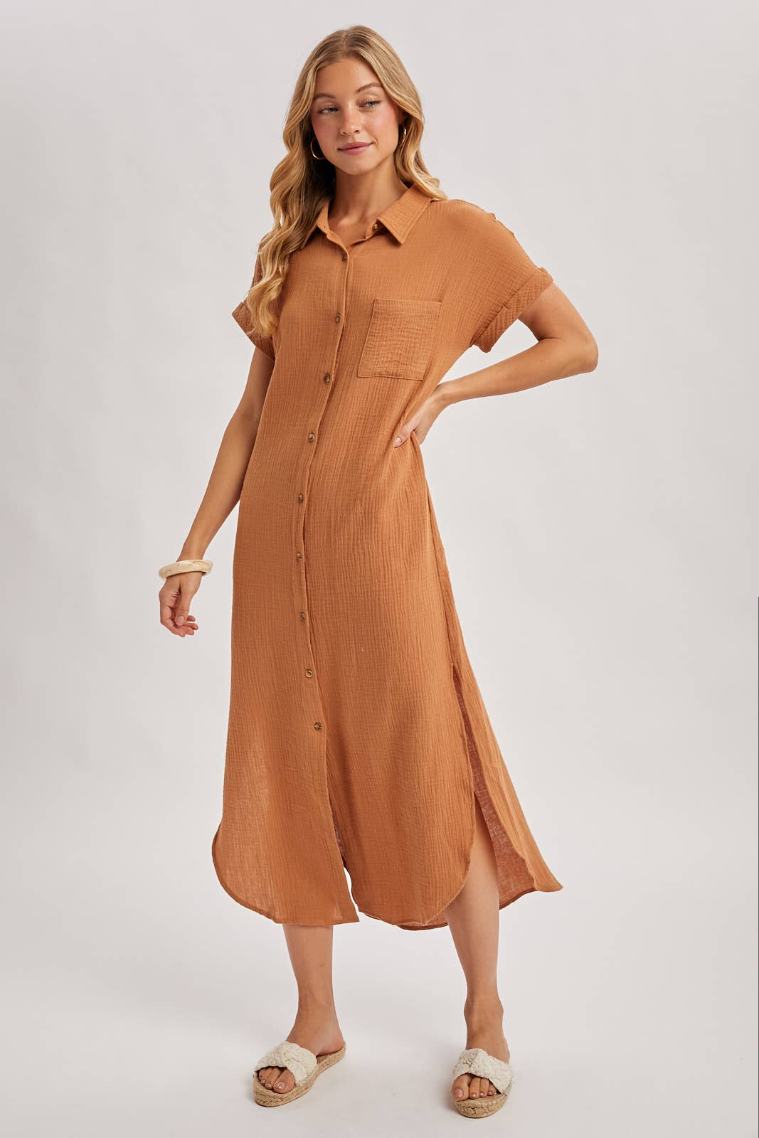 BUTTON UP MAXI SHIRT DRESS WITH POCKET
