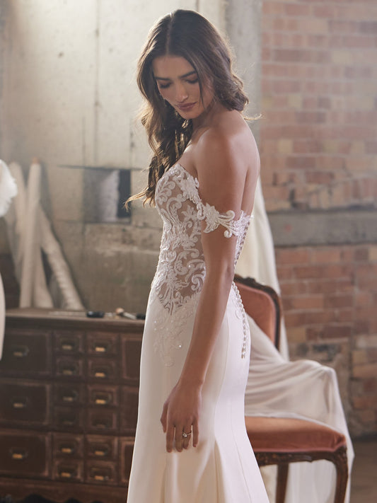 "Beverly" Off Shoulder or Sleeveless Crepe Lace Sweetheart Wedding Dress by Rebecca Ingram