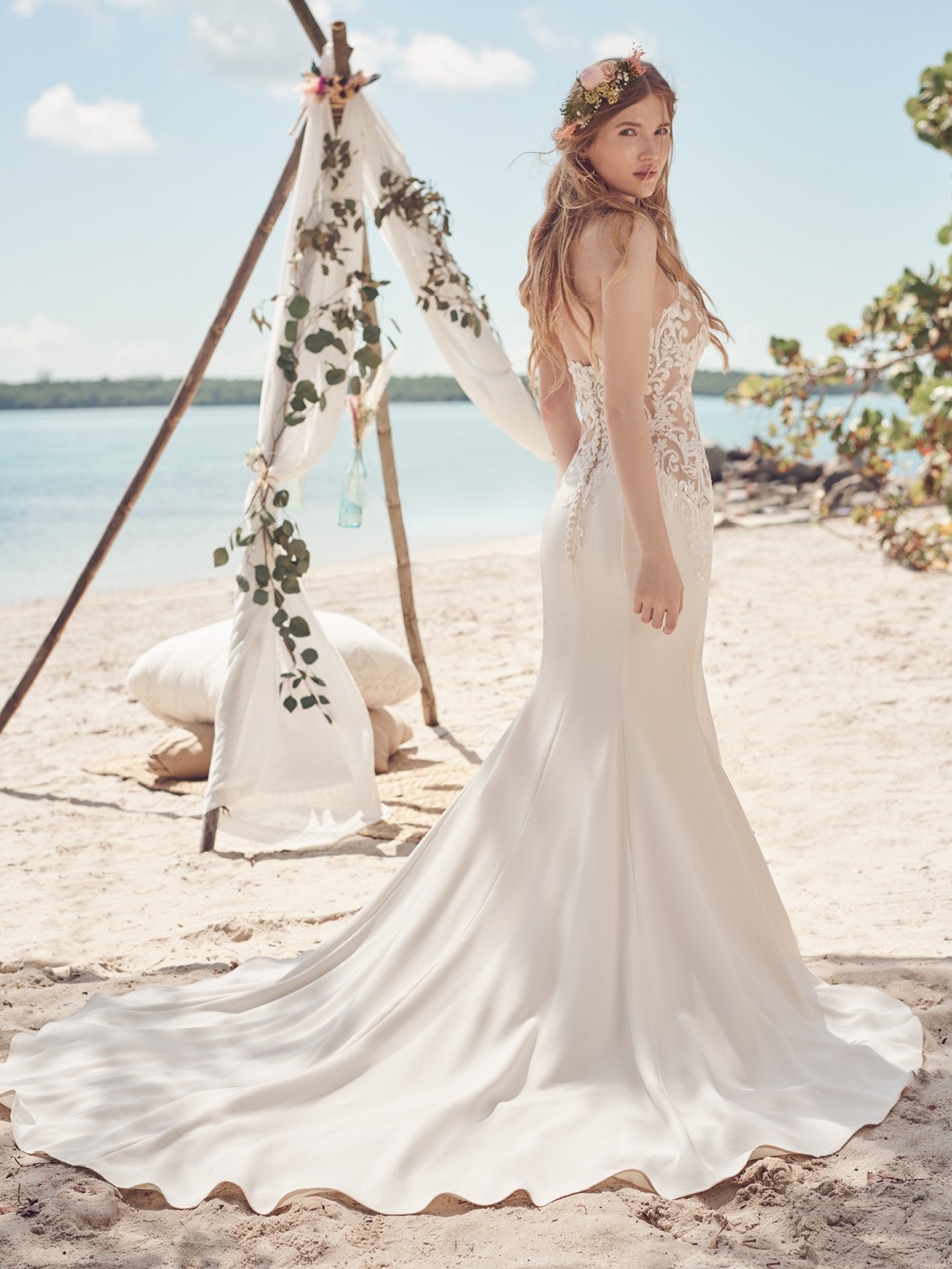 "Beverly" Off Shoulder or Sleeveless Crepe Lace Sweetheart Wedding Dress by Rebecca Ingram