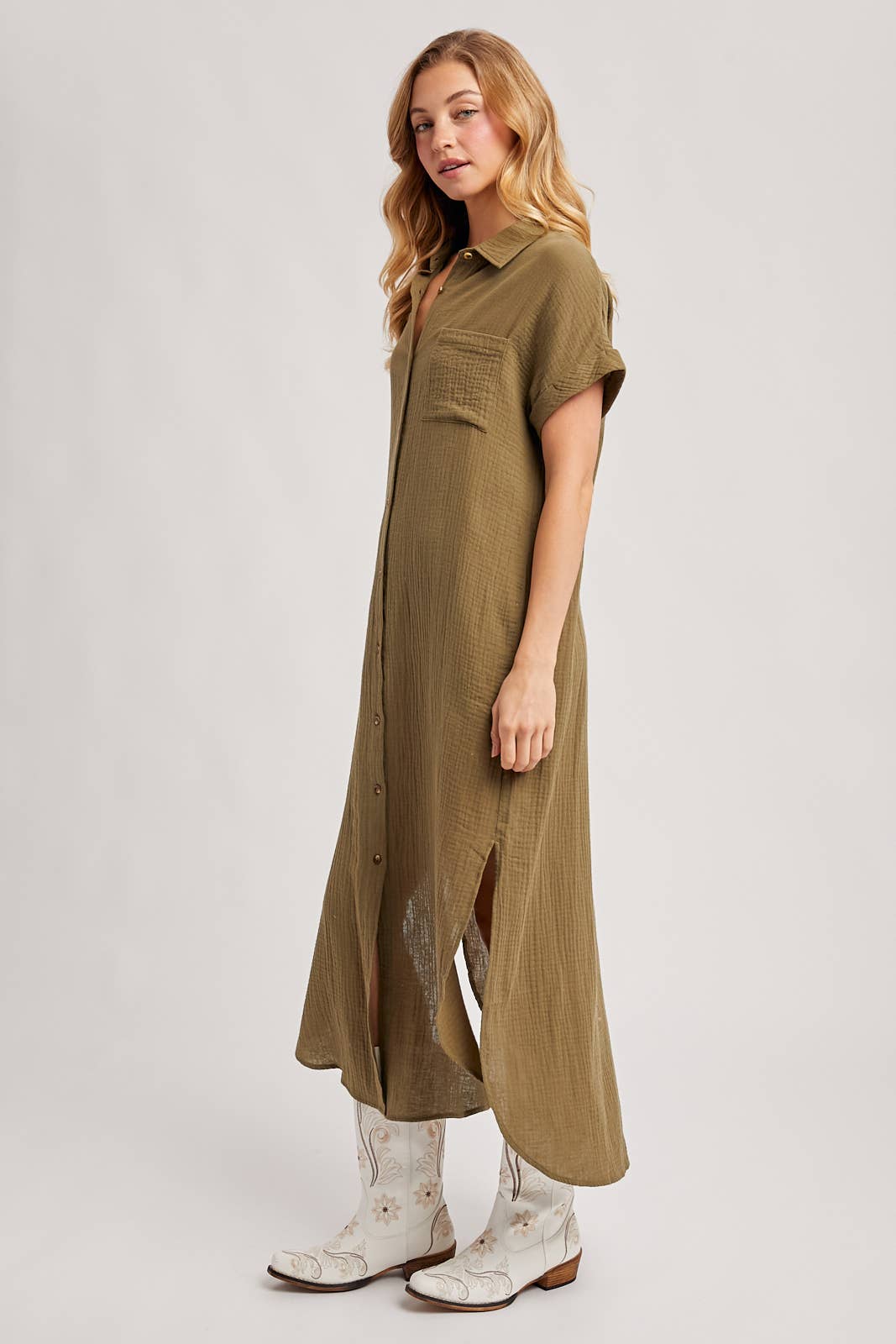BUTTON UP MAXI SHIRT DRESS WITH POCKET