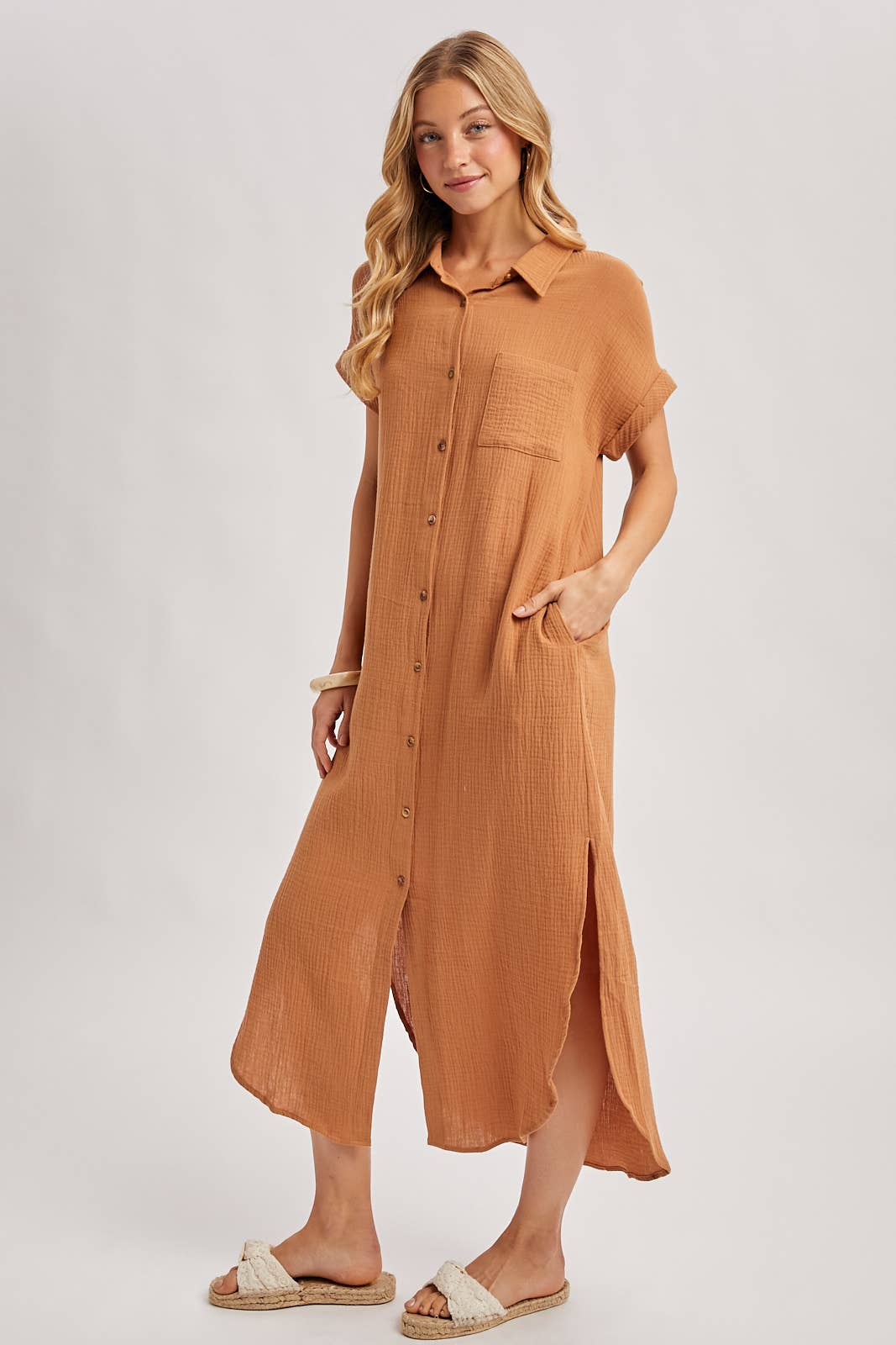 BUTTON UP MAXI SHIRT DRESS WITH POCKET