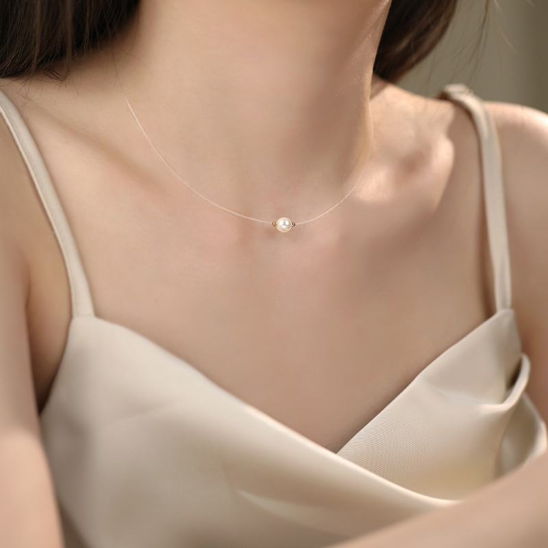 Invisible Wire Pearl Choker Necklace in 925 Sterling Silver