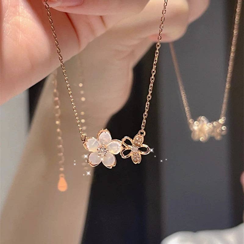 Dainty Pink Cherry Blossom Pendant Necklace in Solid Copper