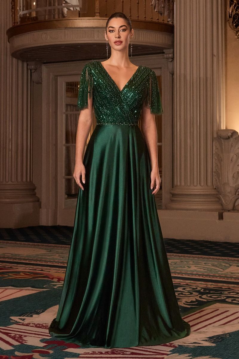 A-line Beaded V Neck Flutter Sleeve Dress