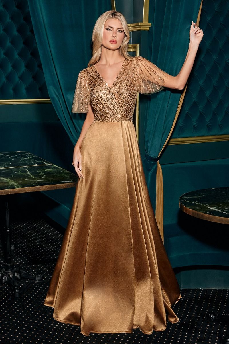 A-line Beaded V Neck Flutter Sleeve Dress