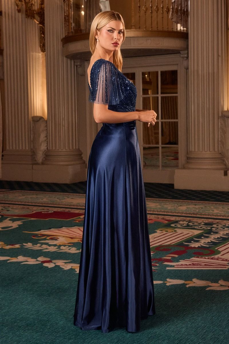 A-line Beaded V Neck Flutter Sleeve Dress