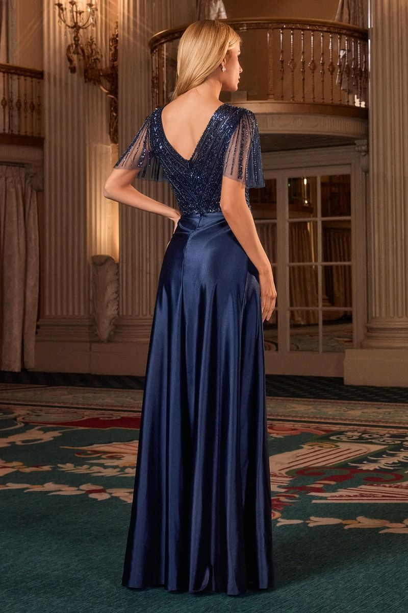 A-line Beaded V Neck Flutter Sleeve Dress