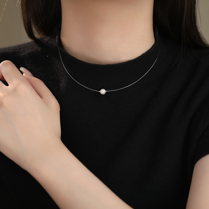 Invisible Wire Pearl Choker Necklace in 925 Sterling Silver