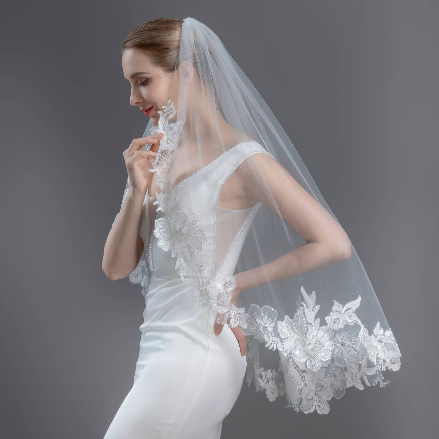 FS6231 Floral Embroidered Lace Bridal Veil