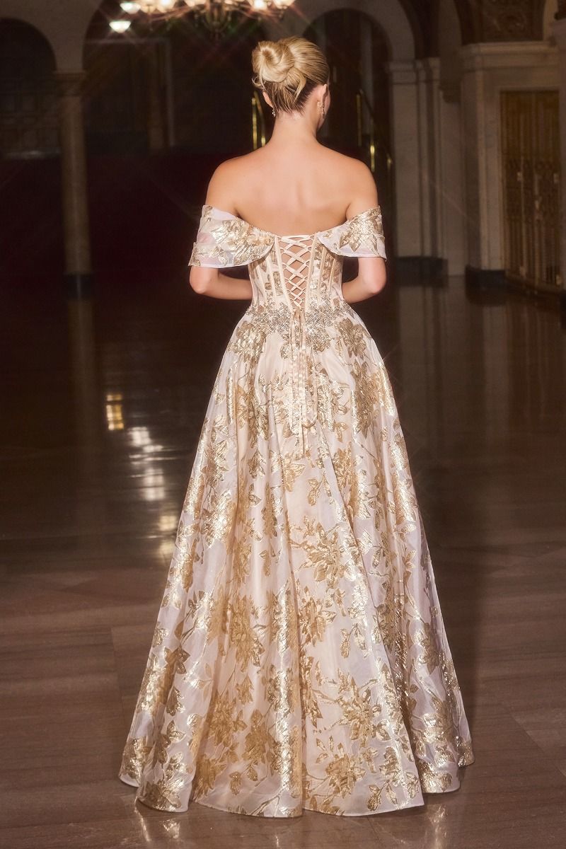 Off-the-shoulder neckline with crystal-embellished bodice and metallic floral skirt