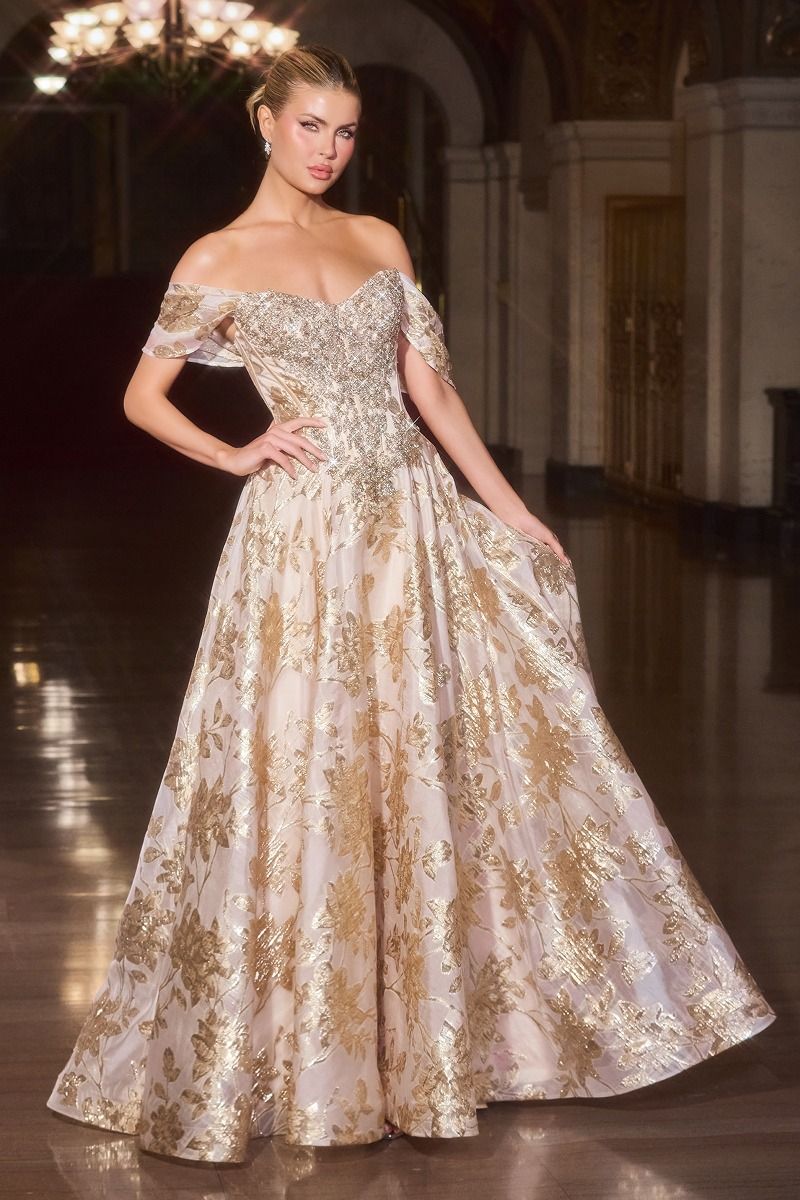 Off-the-shoulder neckline with crystal-embellished bodice and metallic floral skirt