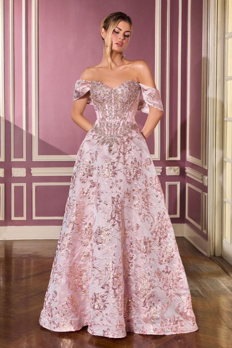 Off-the-shoulder neckline with crystal-embellished bodice and metallic floral skirt
