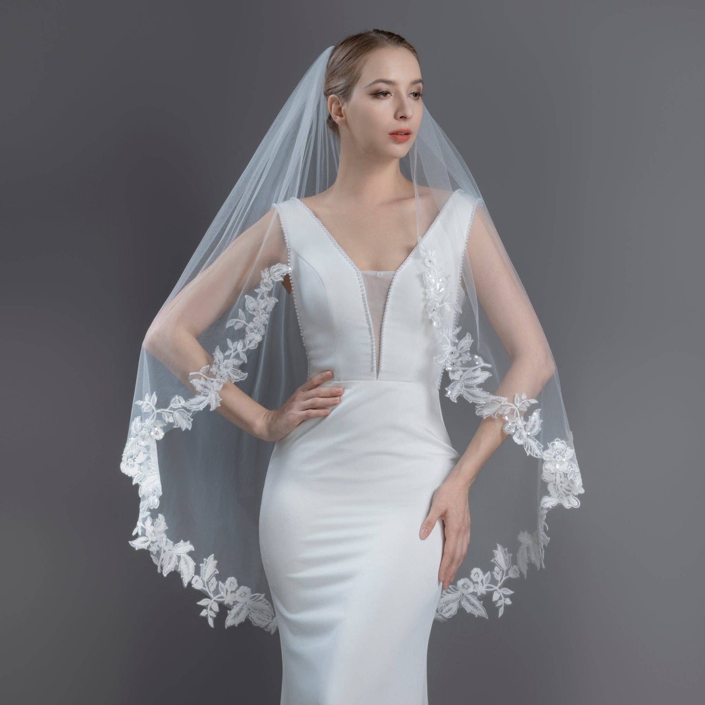 Floral Vine Embroidered Lace Rhinestones Veil