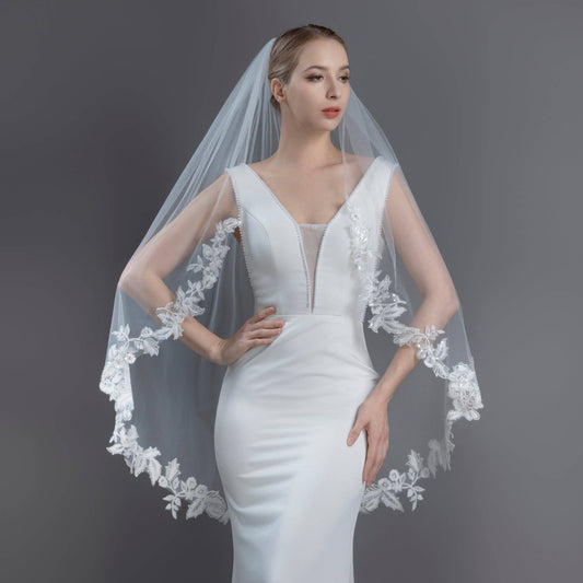 Floral Vine Embroidered Lace Rhinestones Veil