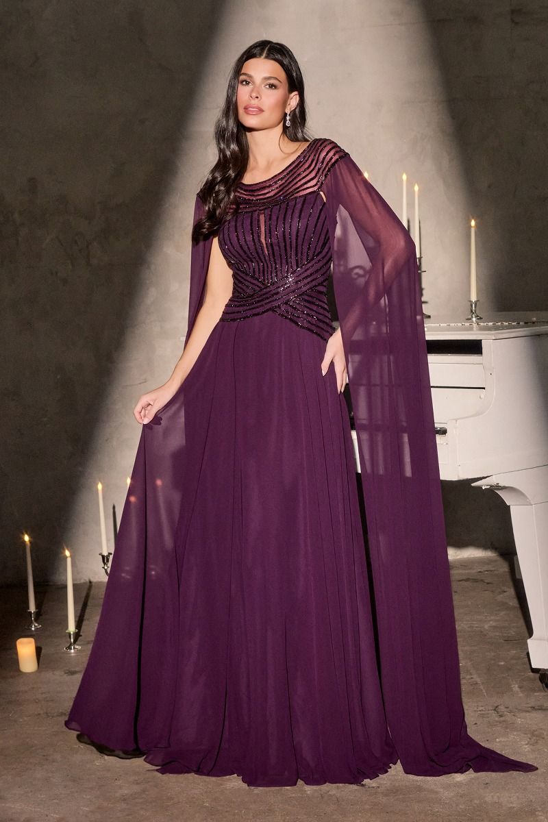 Bateau neckline w/ beaded bodice and dramatic cape sleeves