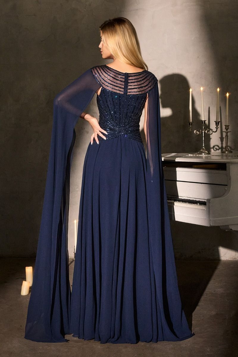 Bateau neckline w/ beaded bodice and dramatic cape sleeves