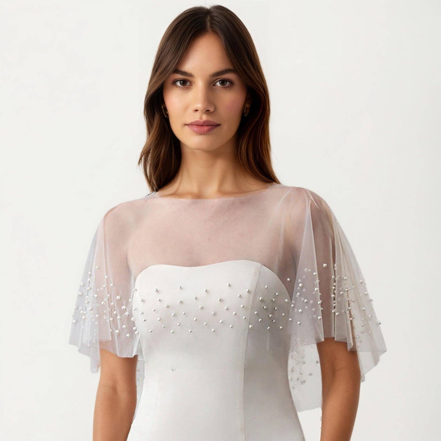 Sheer Pearl Embellished Capelet Shawl with Soft Tulle Fabric