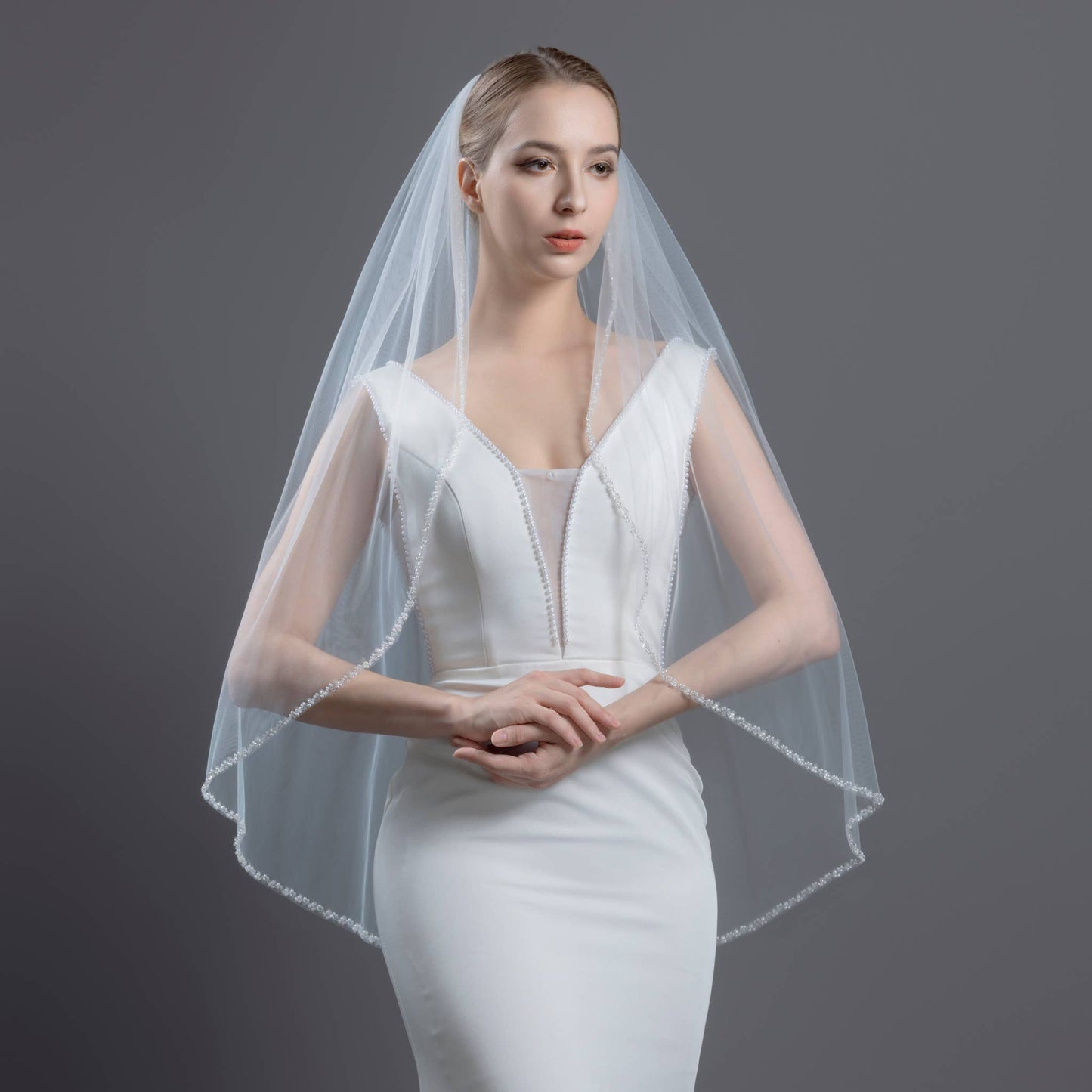 FS6243 Pearl Crystal Beaded Edge Bridal Veil 36"