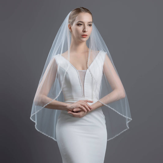 FS6243 Pearl Crystal Beaded Edge Bridal Veil 36"
