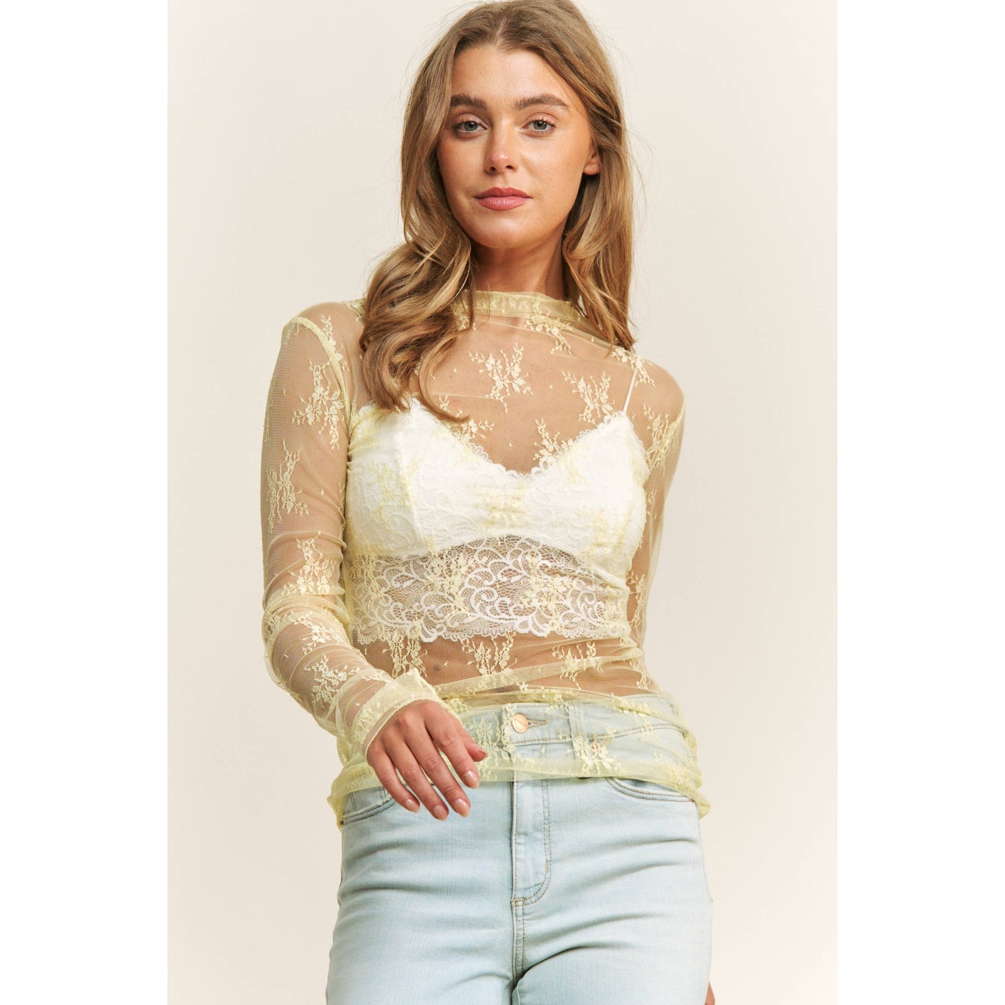 MESH LACE HIGH NECK DESIGN LONG SLEEVE FITTED TOP