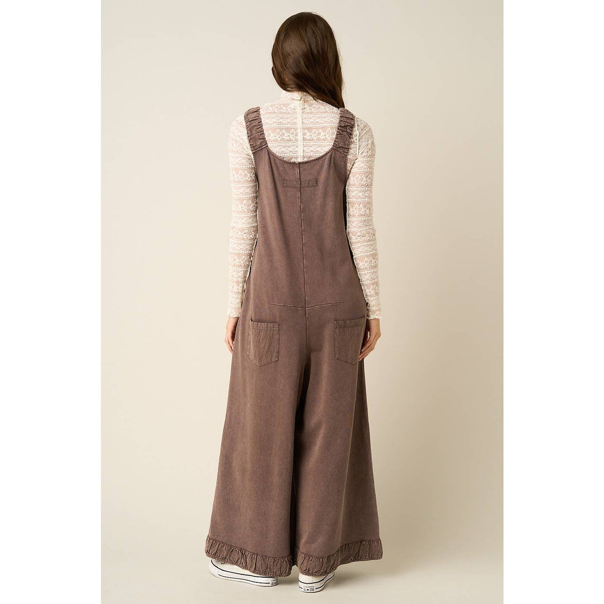 Mineral Wash Ruffle Hem Henley Jumpsuit