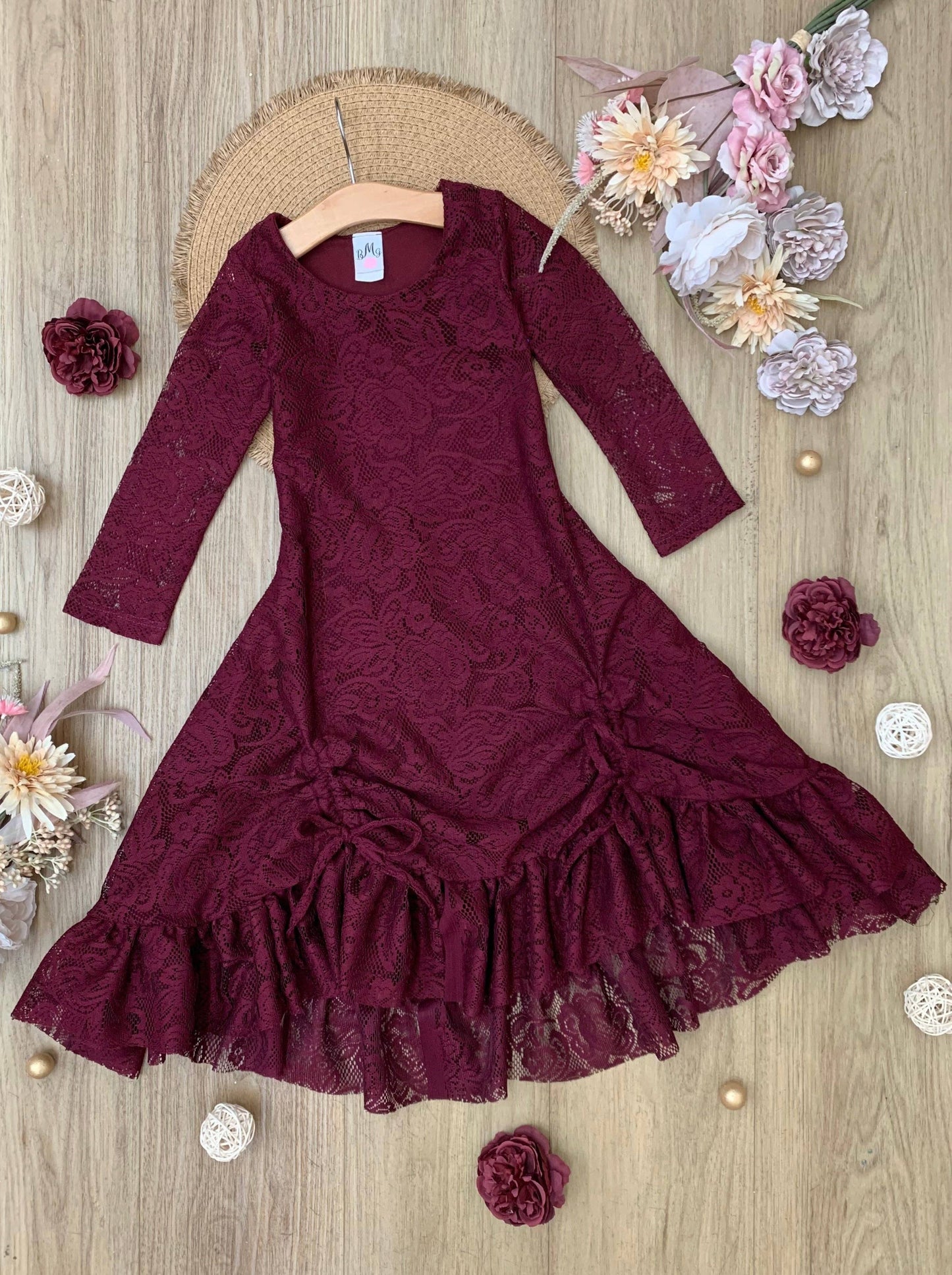 Burgundy Hi-Lo Drawstring Lace Ruffle Dress