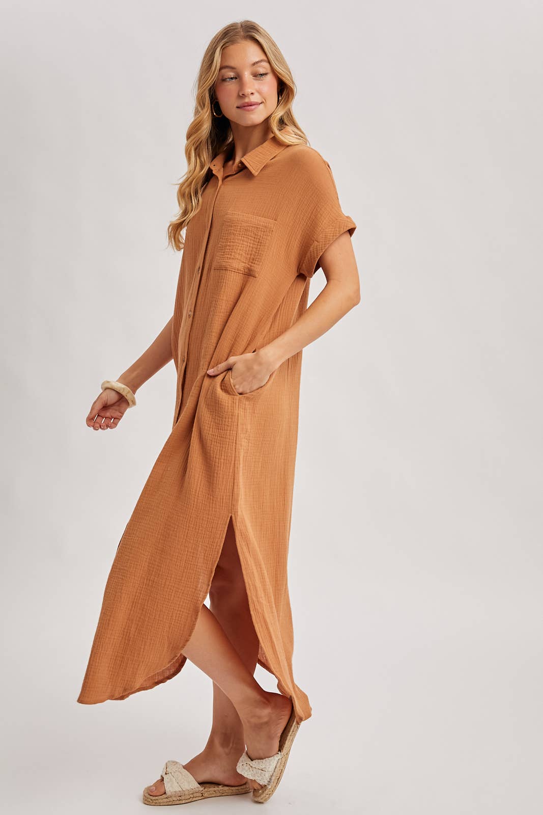 BUTTON UP MAXI SHIRT DRESS WITH POCKET