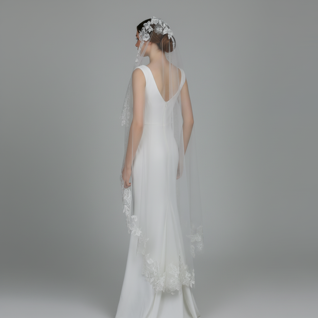 Mantilla Floral Vine Embroidered Wedding Veil with Rhinestones