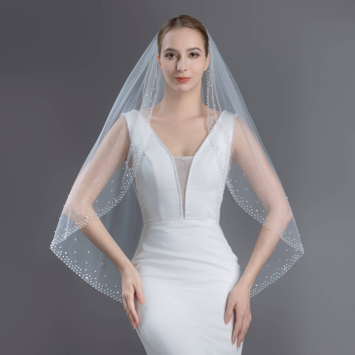 FS6253 Wide Faux Pearls Edge Bridal Veil 36" 45" 108" 120"