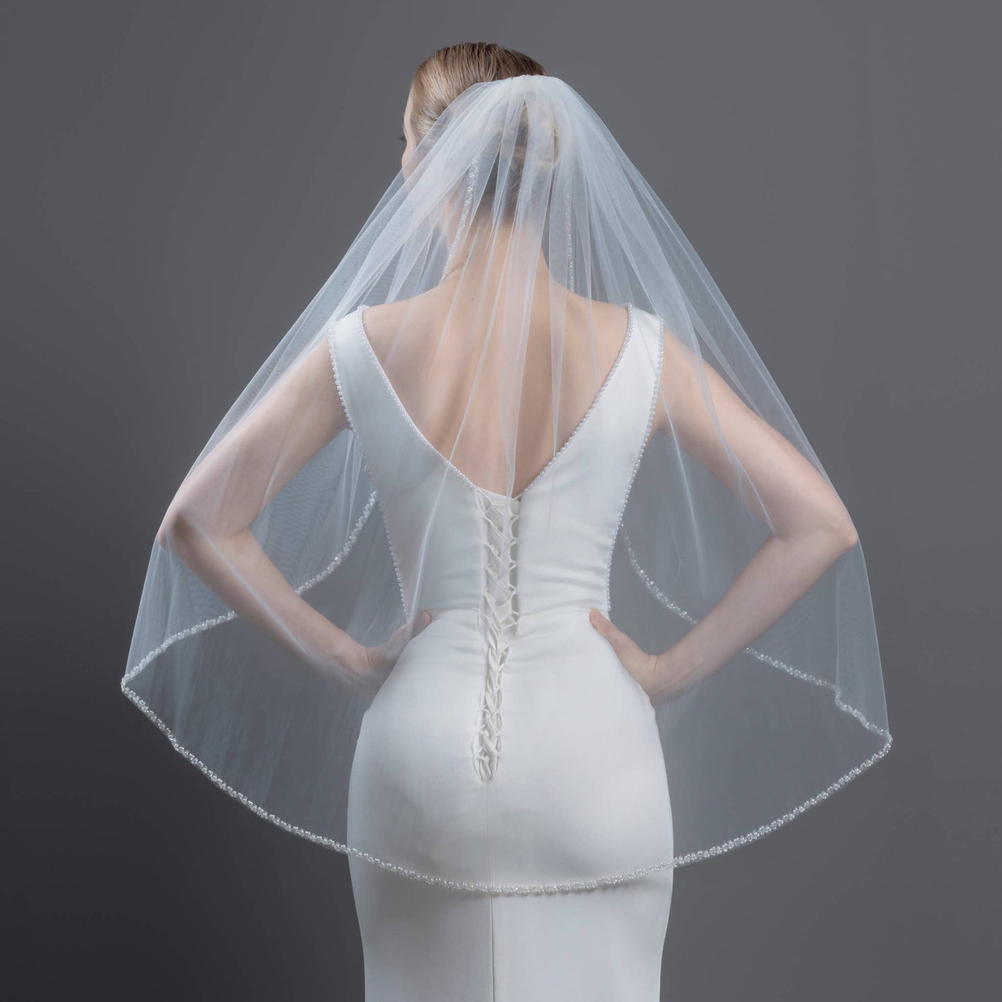 FS6243 Pearl Crystal Beaded Edge Bridal Veil 36"