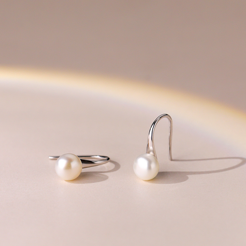 Dainty Minimalist Pearl Hook Earrings in 925 Sterling Silver