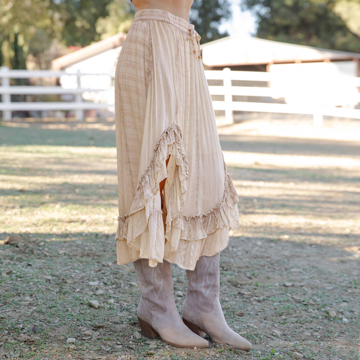 Rustic Bohemian: Asymmetrical Embroidered Midi Skirt