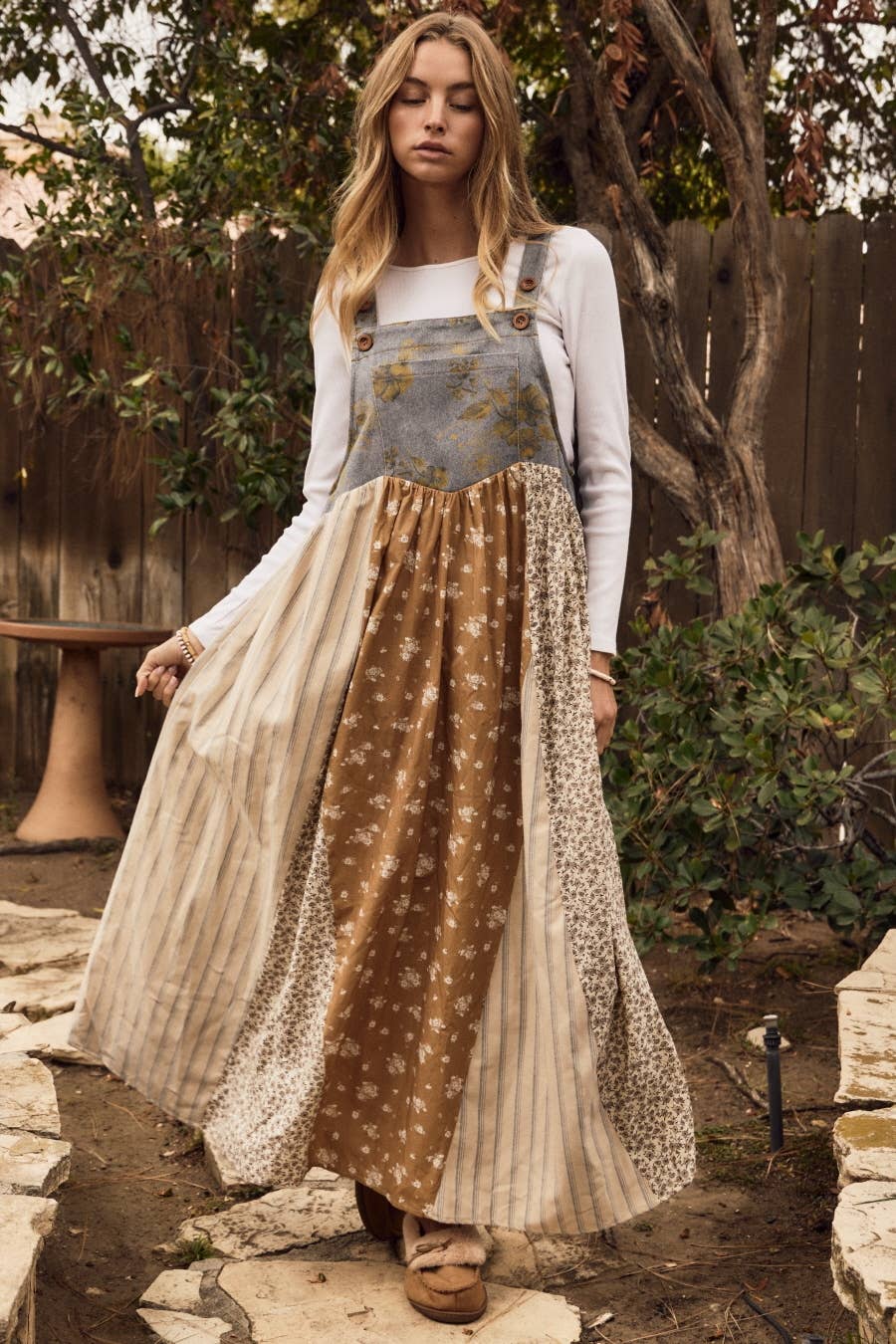 Mixed Floral Print Overall Maxi Dress