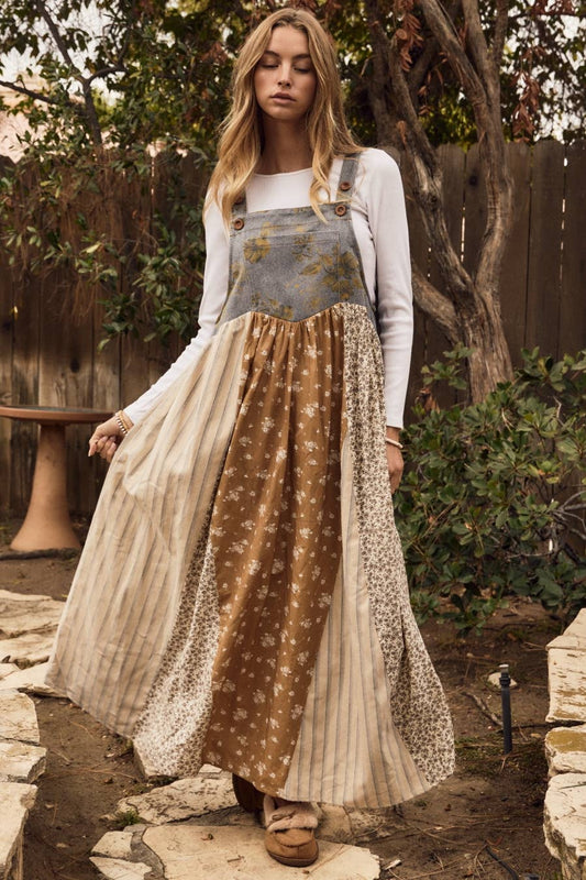 Mixed Floral Print Overall Maxi Dress