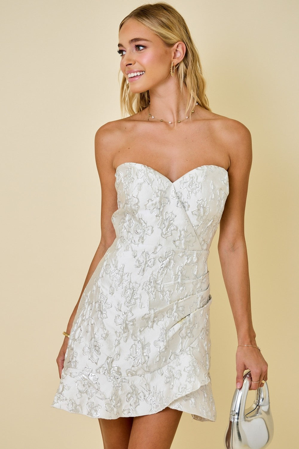 Strapless Jacquard Dress W/ Wrap Skirt &ruffle Hem